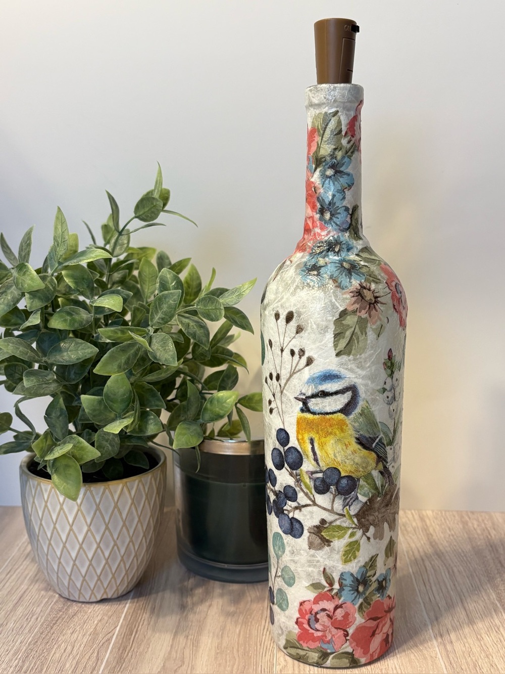 Decorated Bottles, Lighted Bottles, Decoupage, Home Decor, Birds and Flowers